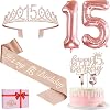 15th Birthday Decorations for Girls, Including 15th Birthday Sash and Tiara, Cake Topper and Candles, Rose Gold Number Balloons, 15 Year Old Gifts for Girls