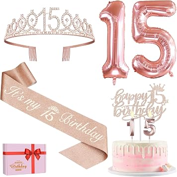 15th Birthday Decorations for Girls, Including 15th Birthday Sash and Tiara, Cake Topper and Candles, Rose Gold Number Balloons, 15 Year Old Gifts for Girls