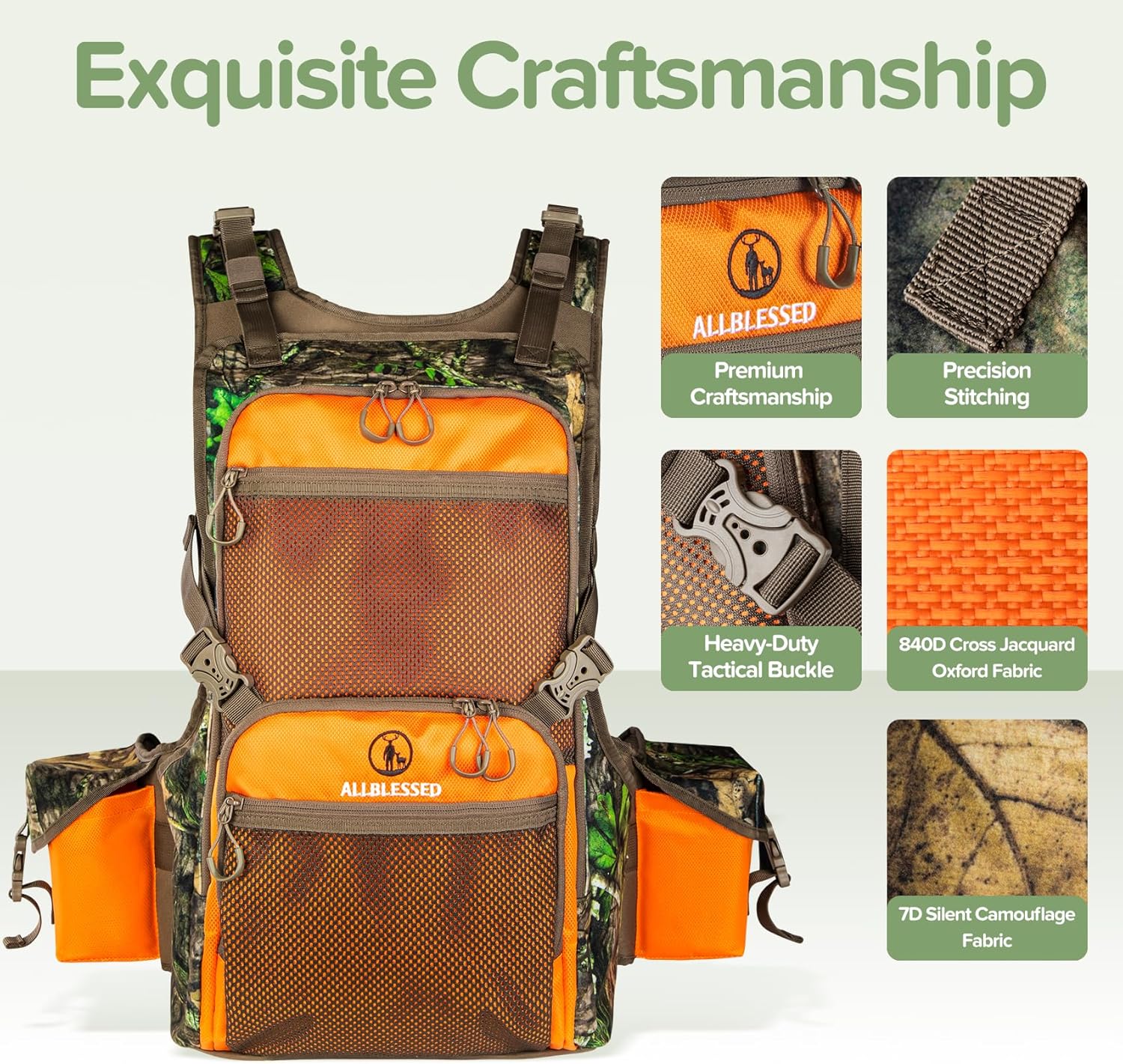 Upland Hunting Vest Backpack - Durable Orange Camo Game Vest with Multiple Pockets, Adjustable Fit, Bird Hunting Vest for Men