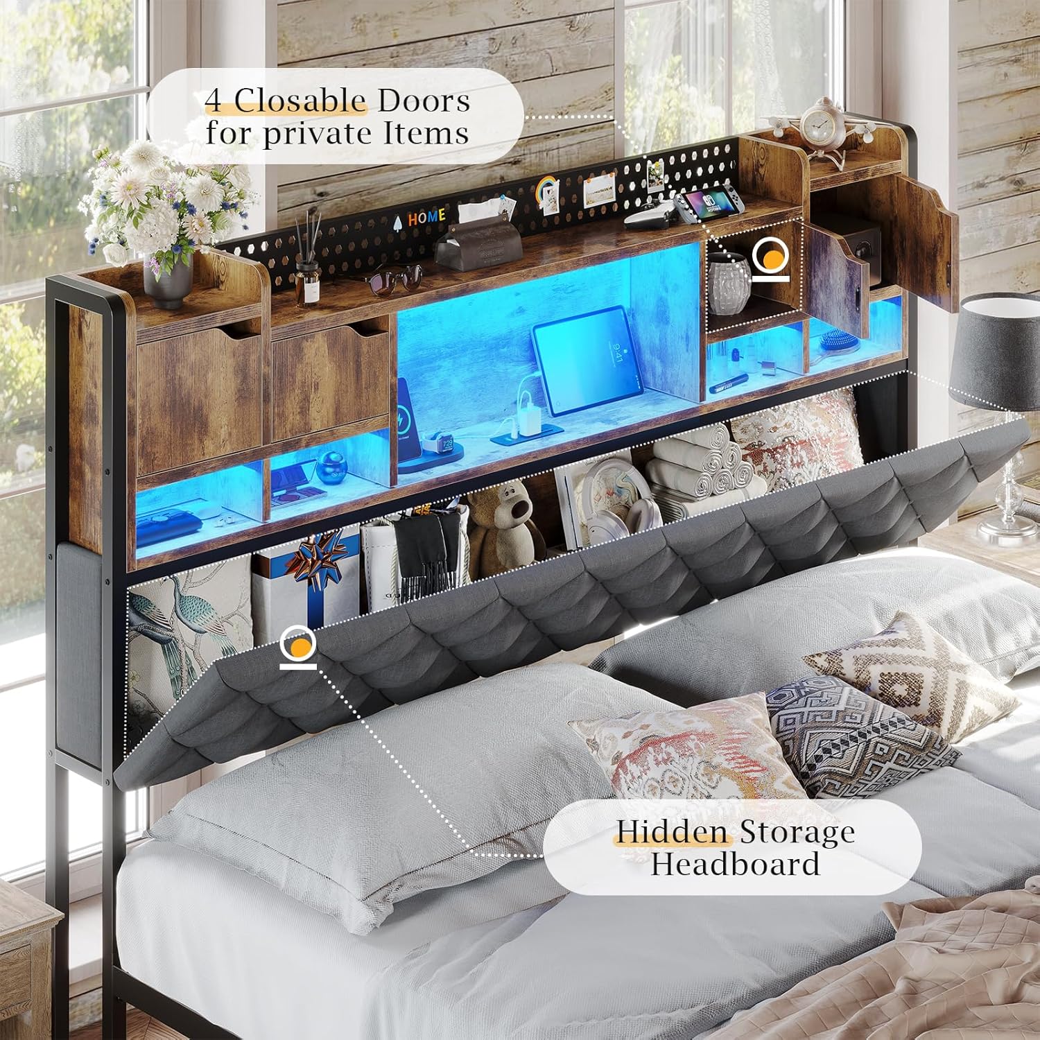 BYSAUD King Size Bed Frame with Headboard, Upholstered King Bed Frame with 3-Tier Storage Shelves & Hidden Space, King Platform Bed Frame with Charging Station & LED Lights, Heavy Metal Slat Support