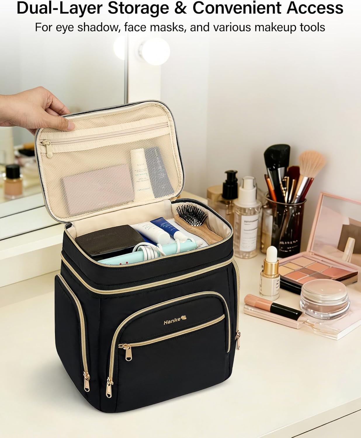 Hanke Large Toiletry Bag for Women Travel, Double Layer Organizer with Wide Opening for Full-Size Cosmetics & Toiletries, 12.2L Water-Resistant Makeup Bag,Pink - Image 5