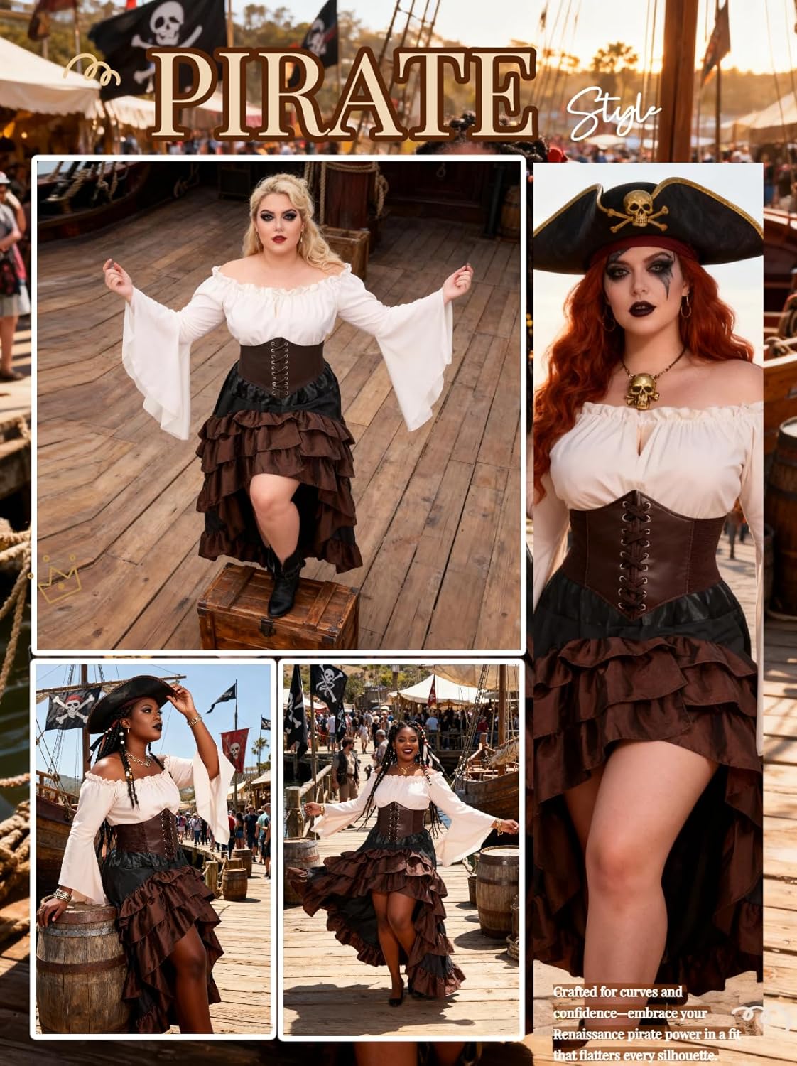 Verceco Pirate Costume Women Outfit with Renaissance Pirate Shirt Skirt Corset Waist Belt Womens Halloween Pirate Costumes (Beige+Brown, M) - Image 3