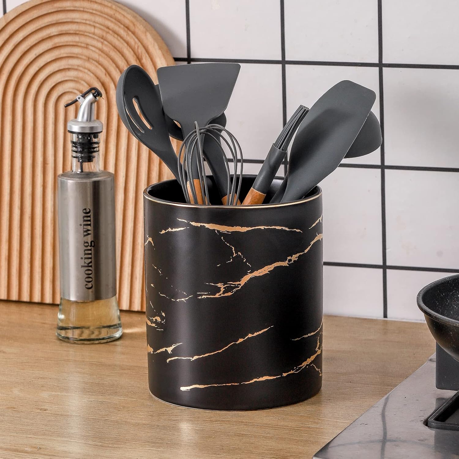 7.2 inch Large Utensil Holder for Kitchen Counter, Golden Marble Utensil Crock Spatula Holder for Countertop Cooking Tools Storage Caddy Farmhouse Kitchen Decor (Marble-Black)