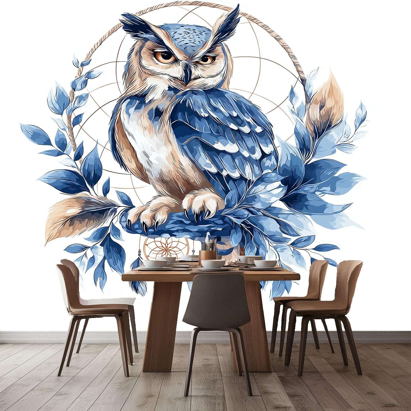 Tapeta z włókniny akwarela bohemy sowa łapacz snów 3D drukowana dekoracja ścienna 400 x 280 cm plakat plakat zdjęcia dekoracyjne gobelin salon łazienka niebieski brązowy