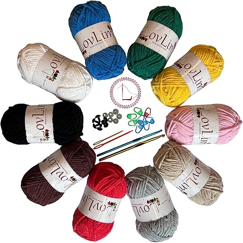 LovLim Juego de 5 hilos de felpilla gruesos, madejas de hilo suave de 10 x 1.76 oz, más de 600 yardas, ganchillo, tejido y amigurumi, patrones