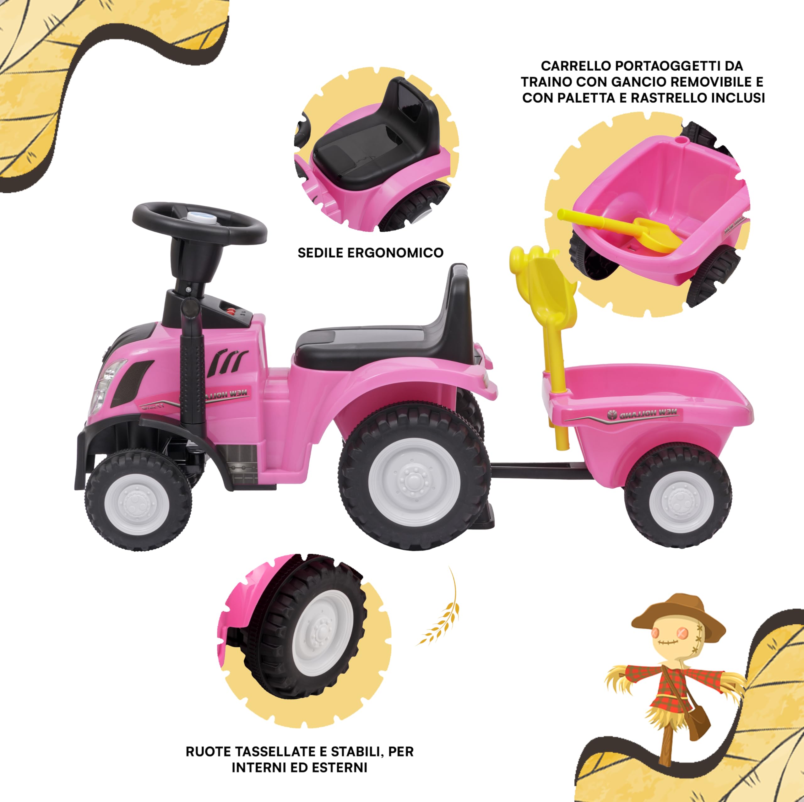 Baroni Toys Tracteur Ride-On avec remorque pour enfants de 12 à 36 mois, tracteur avec klaxon à air, volant directeur, sons et phares fonctionnants, pelle et râteau inclus, 29 x 91 x 44 cm, rose