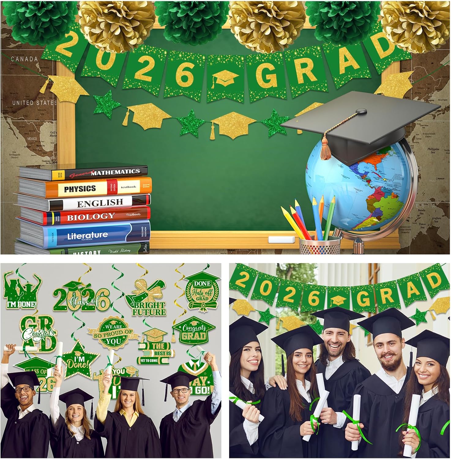Green and Gold Graduation Decorations, 2026 Grad Banner and Congrats Grad Hanging Swirls, Green and Gold Graduation Banner Graduations Hanging Swirl College Graduations Party Decorations Class of 2026 - Image 4