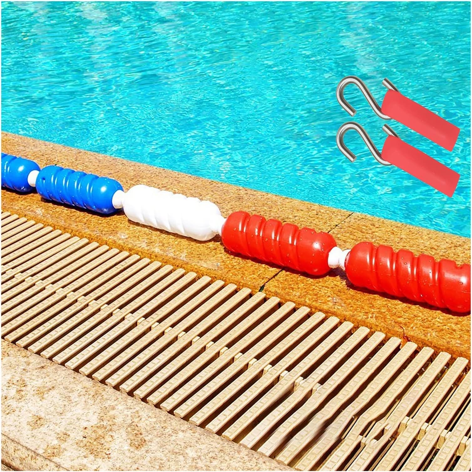 Swimming Pool Safety Rope Float Line Divider Rope PE Pool Rope Floats Kits with 2 Stainless Hooks, Anti-UV & Anti-Scratch Buoys, for Identifying Deep/Shallow End, No Asse