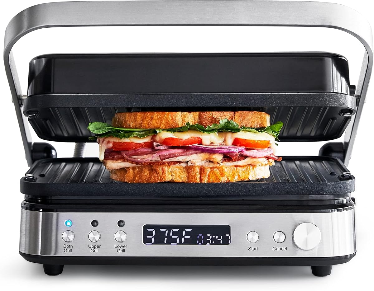 Electric Indoor Stainless Steel 6-in-1 Contact Grill and Griddle, Healthy Ceramic Nonstick, Dishwasher Safe Reversible Plates, PFAS-Free
