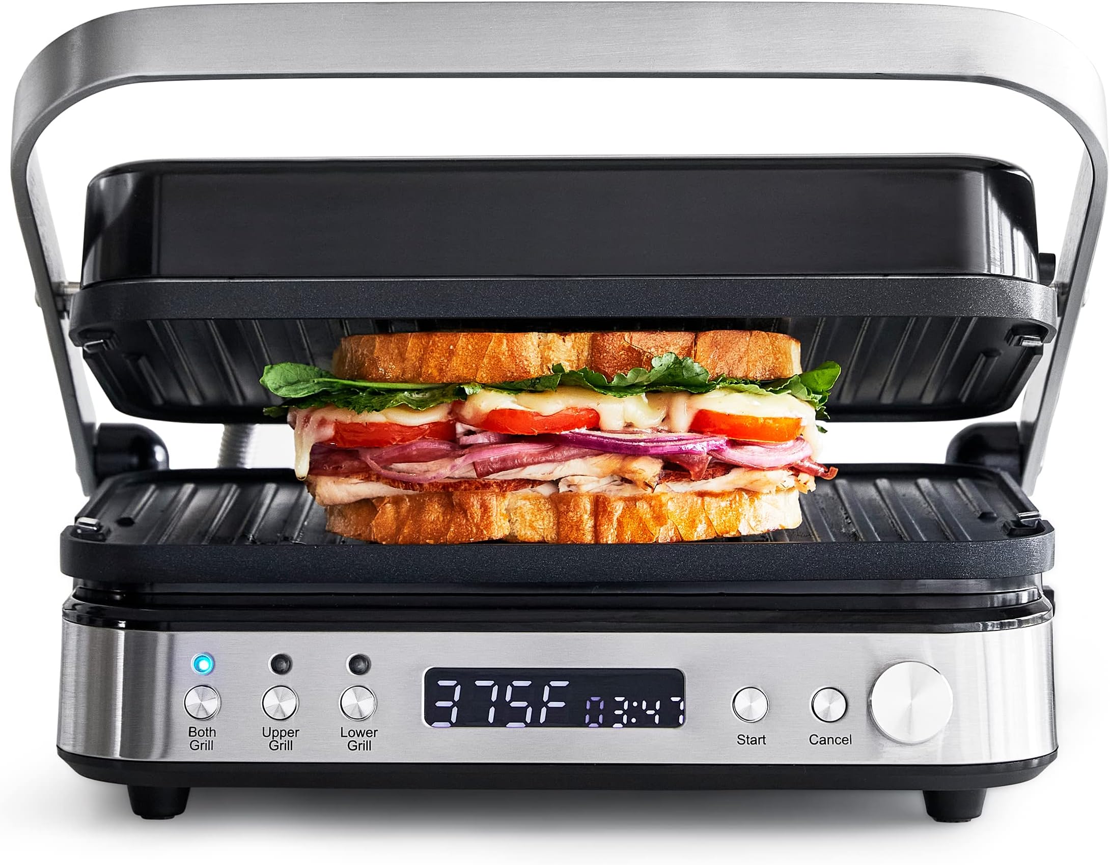 GreenPan Electric Indoor Stainless Steel 6-in-1 Contact Grill and Griddle, Healthy Ceramic Nonstick, Dishwasher Safe Reversible Plates, PFAS-Free