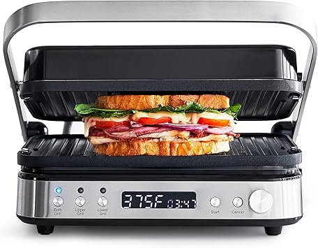 GreenPan Electric Indoor Stainless Steel 6-in-1 Contact Grill and Griddle, Healthy Ceramic Nonstick, Dishwasher Safe Reversible Plates, PFAS-Free