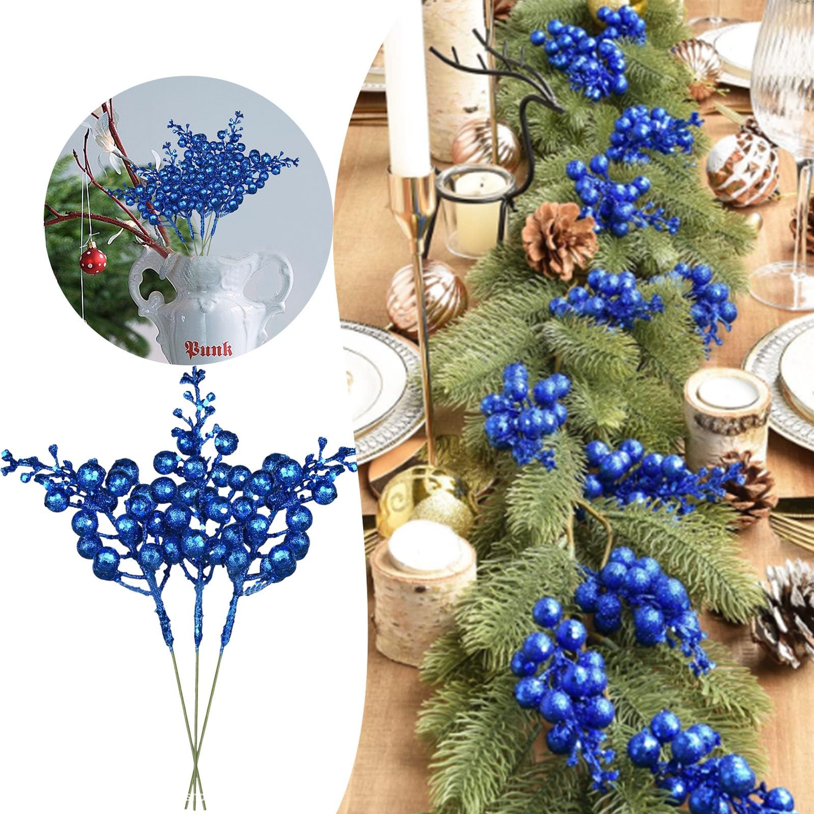 Artiflr 14 Pack Glitter Berry Stems - 7.8 Inch Christmas Picks For Tree, Wreath, And Holiday Crafts, Silver