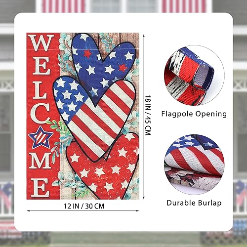 Miniatura 3 de Paquete de 2 banderas patrióticas de bienvenida del 4 de julio, 12 x 18 pulgadas, de arpillera vertical de doble cara, estrellas y rayas de águila,