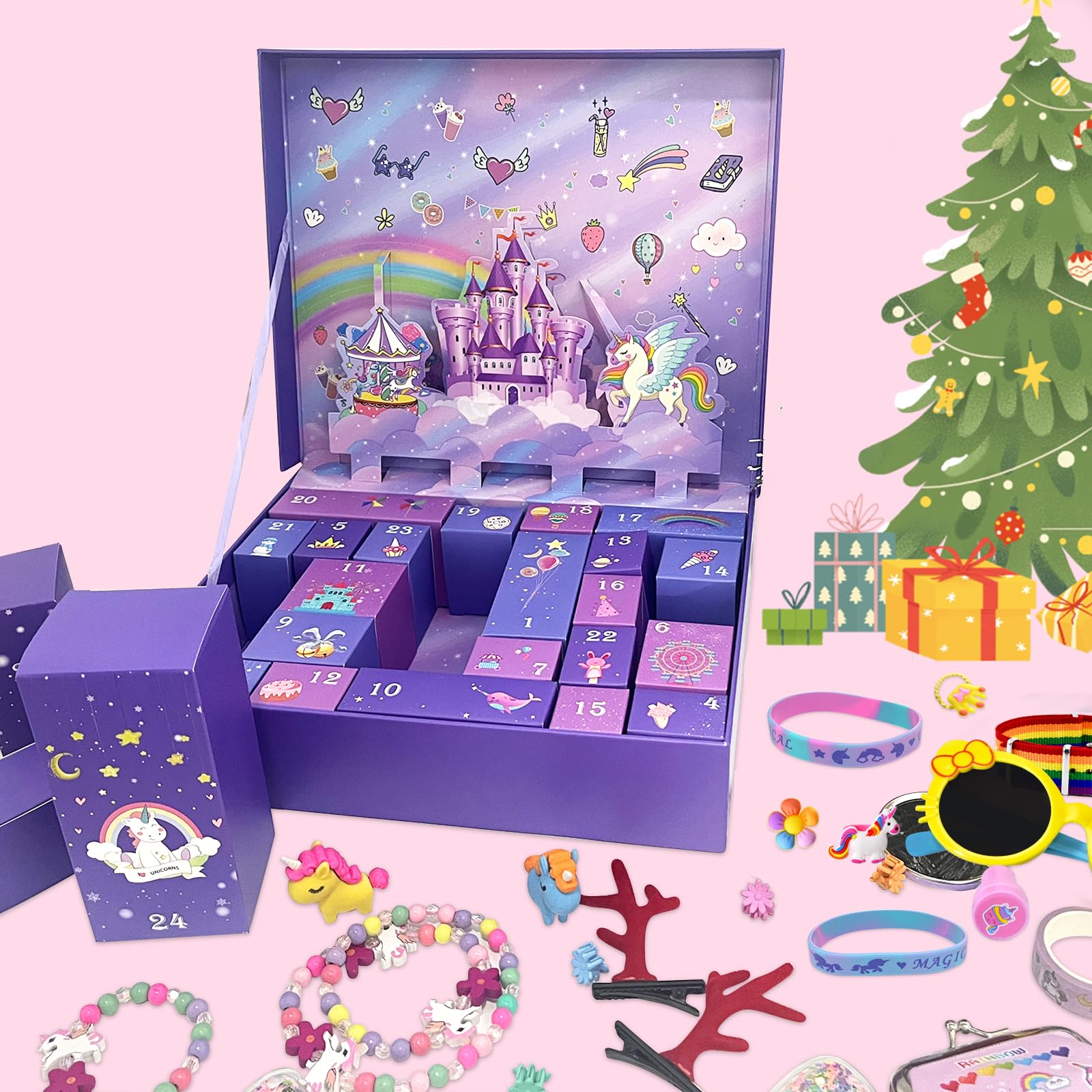 Calendario de Adviento 2025 para niñas, calendario de cuenta atrás de Navidad, 24 días, regalo de unicornio para niños, niñas, incluyendo accesorios para el pelo, pasadores de pelo, pulseras, cartera