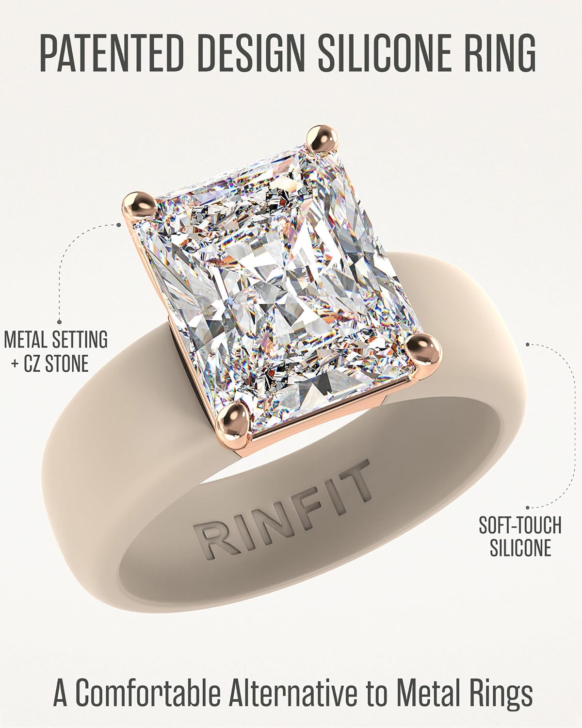 Rinfit Silicone Ring with Stone - Emerald Cut Cubic Zirconia Solitaire Engagement Ring for Women - Rubber Wedding Bands - Patented Design - Image 5