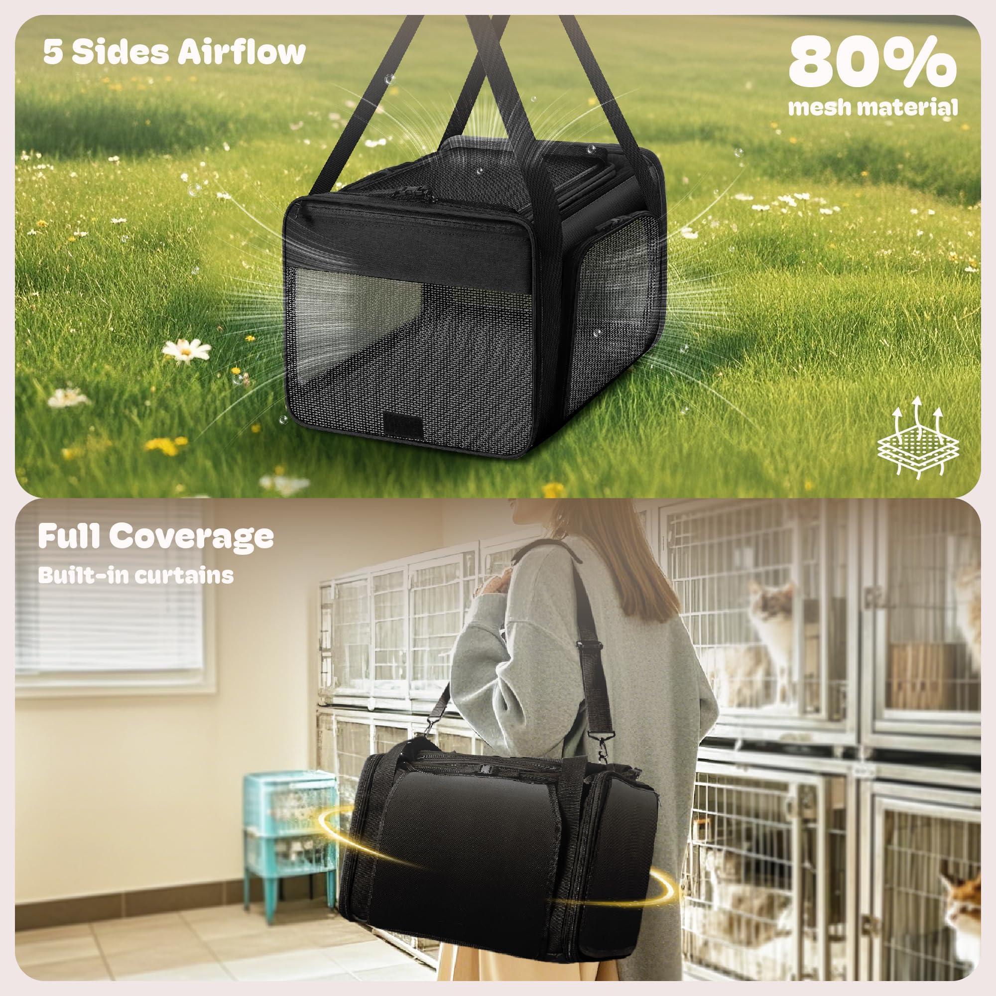 Sac de transport extensible sur le dessus et sur les 2 côtés pour petits chiens, sac de transport souple avec fermetures éclair autobloquantes pour chaton, lapin, chiot, cochon d'Inde, 43,2 x 27,9 x