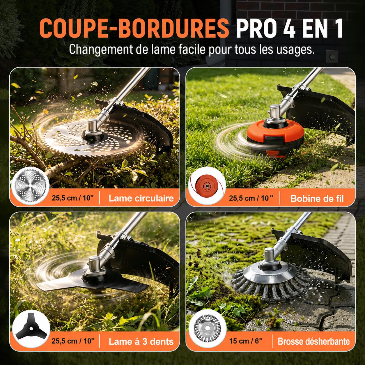 Tap&Go Débroussailleuse avec batterie 4 en 1 pour batteries Makita, débroussailleuse sans balais 950 W avec brosse à mauvaises herbes de 15 cm, Tap&Go, 2 batteries de 4,0 Ah, coupe-bordures