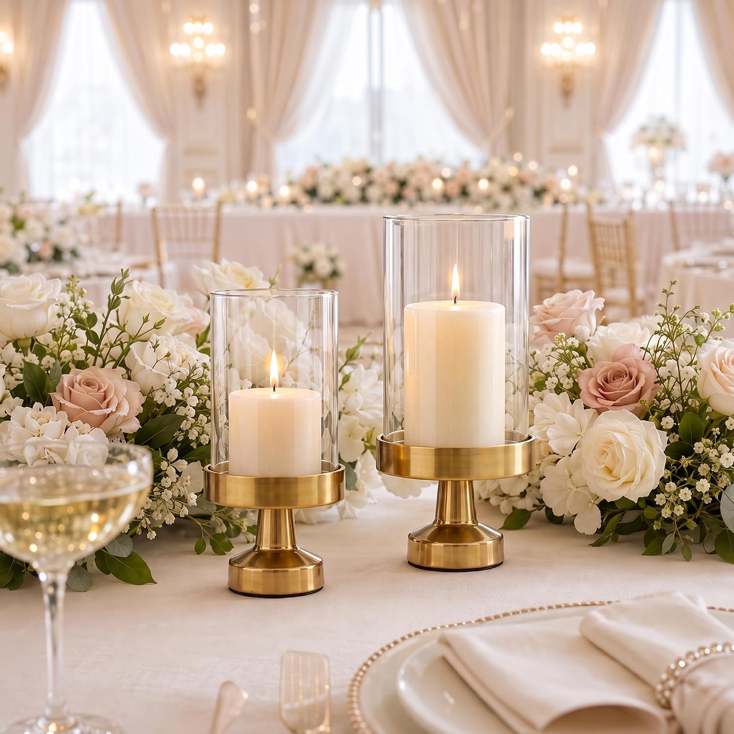 5 & 4 Inch Gold Hurricane Candle Holders Glass Set of 2