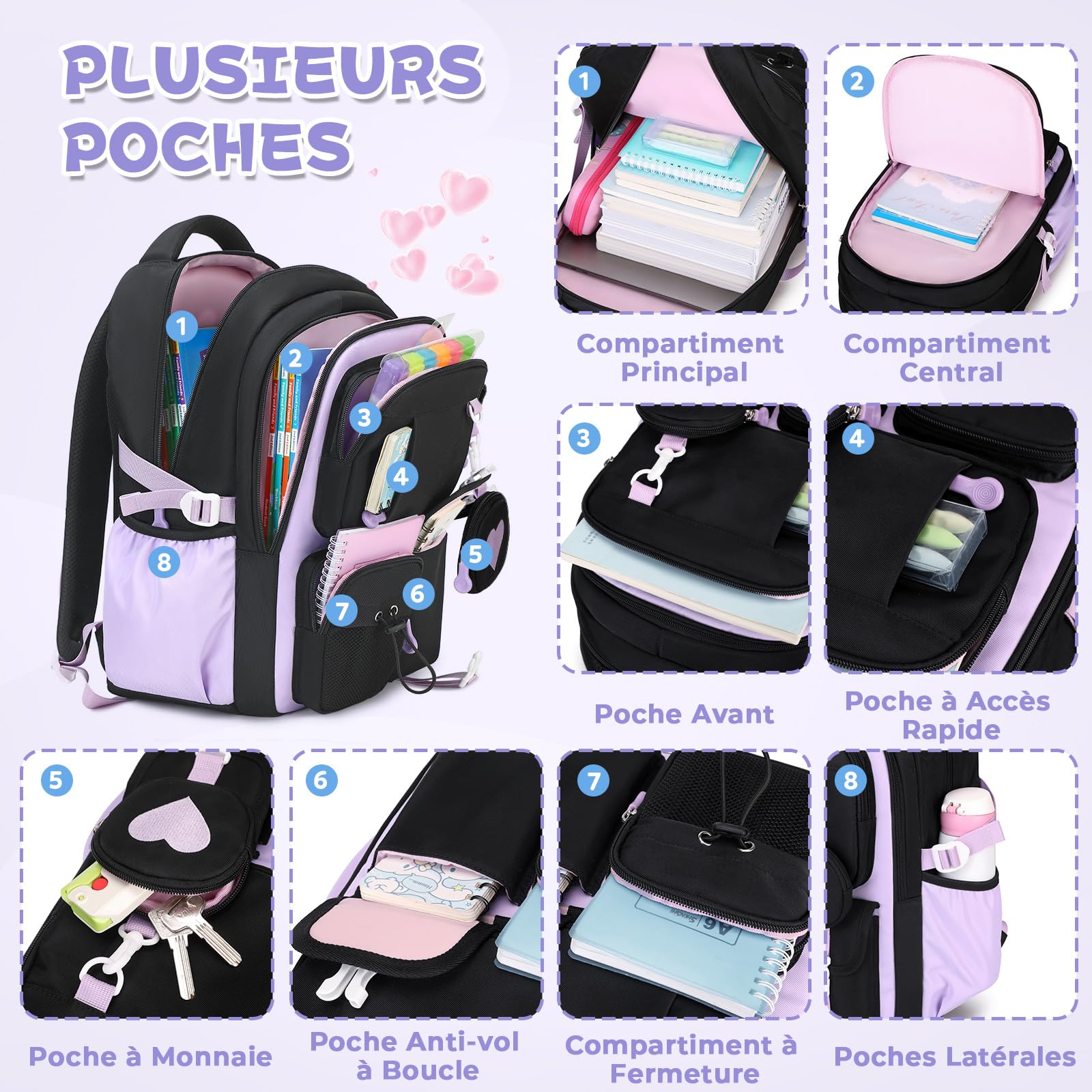 Sisipoet Cartable Fille Primaire, Sac à dos Enfant Respirant avec Bandes Réfléchissantes, Sac d'école Ergonomique Portefeuille Amovible, Sac à dos Adolescent Fille Léger pour École et Voyage - 4