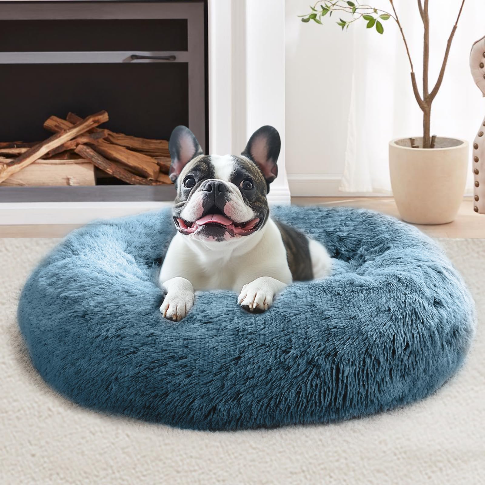 Photo 1 of JOLLYVOGUE Calming Small Dog & Cat Bed for Indoor Cats - 20 inches Washable Donut Bed for Kittens & Puppies, Anti-Anxiety Round Fluffy Plush Pet Beds (Fits up to 15 lbs, Blue)
