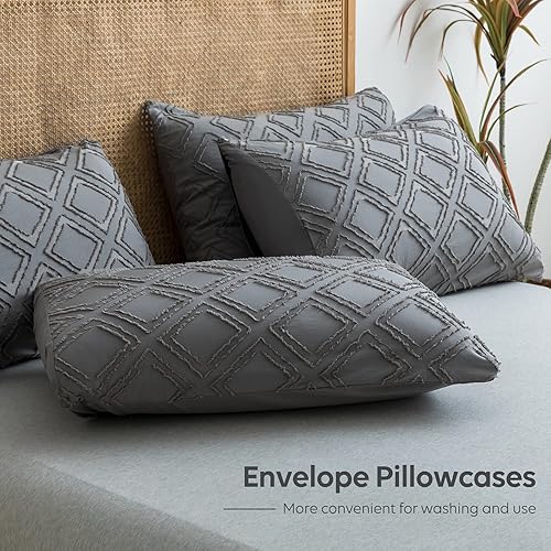 Miniatura 5 de JELLYMONI Juego de funda de edredón de microfibra ultrasuave de 3 piezas, tamaño Queen, funda de edredón reversible con textura bohemia gris, patrón