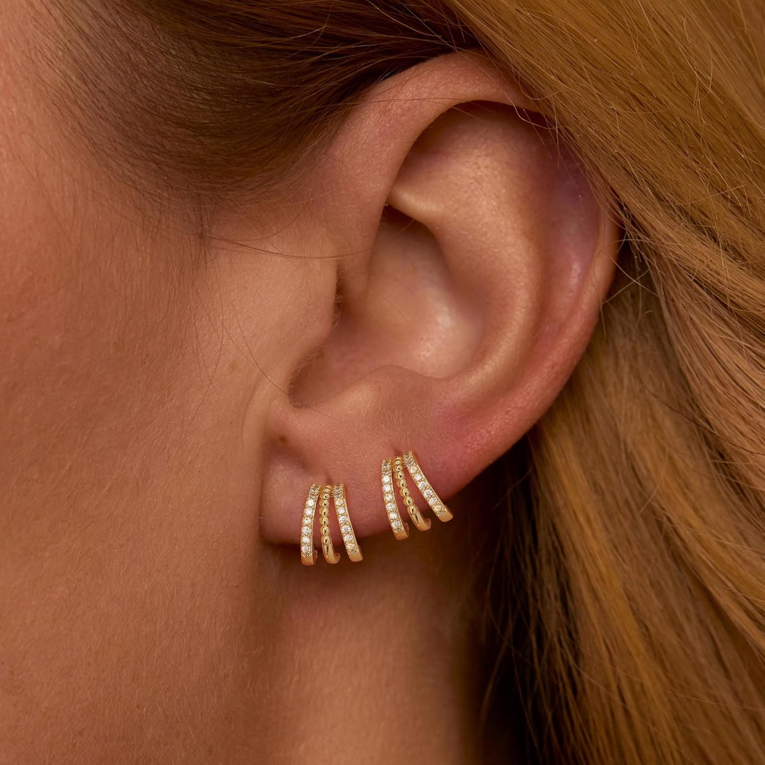 Gold Earrings For Women Trendy,Dainty Triple Huggie Hoop Earrings 14K Gold Plated Cute Small Hoop Earring Cuff Hypoallergenic Fun Unique Cartilage Huggie Earring Womens Fashion Jewelry - Image 5