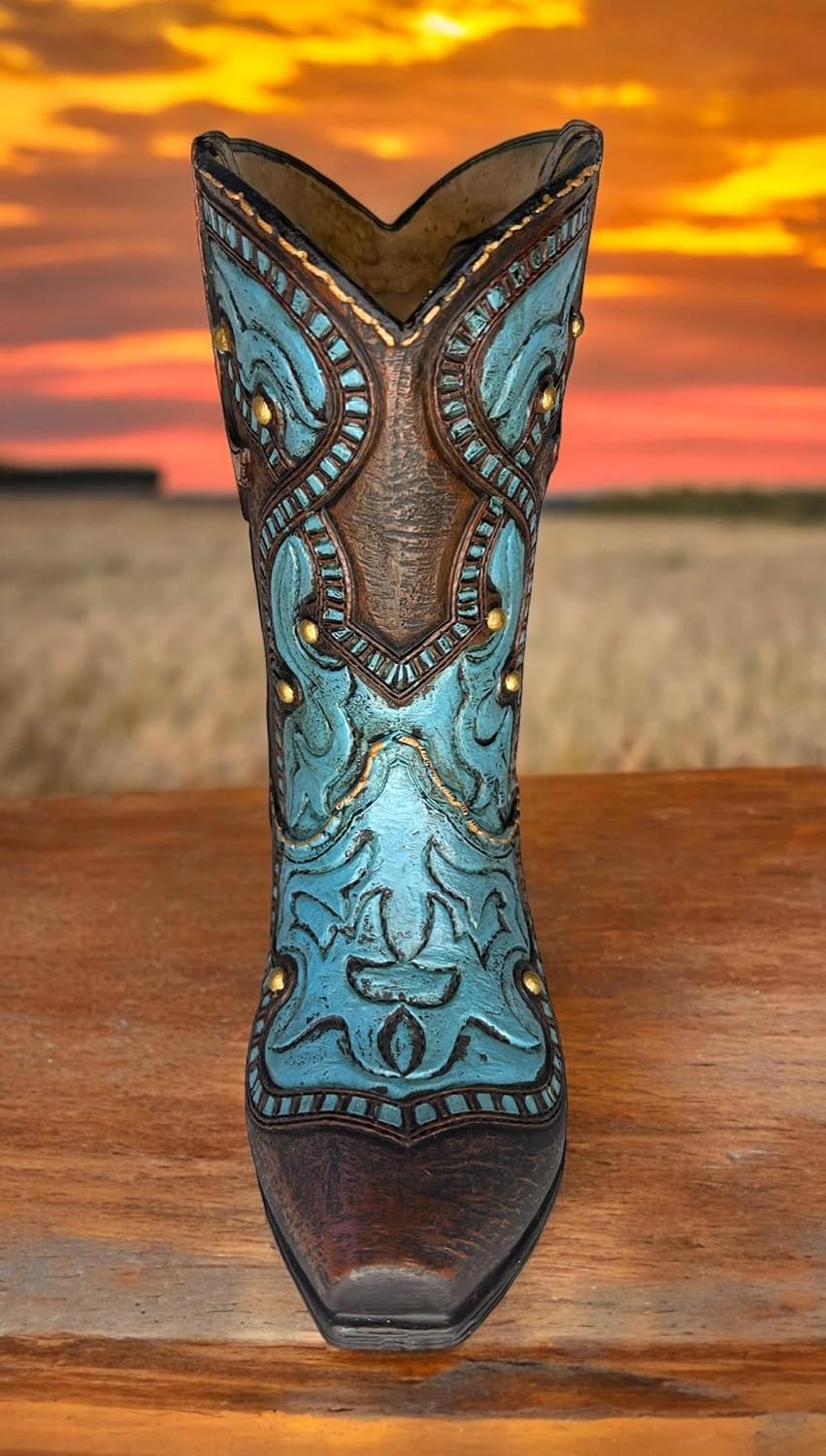 Cowboy Boot Flower Vase – 8 7/8” Tall with Tooled Leather Details and Teal Blue Accents – Decorative Modern Rustic Western Décor – Floral or Stand-Alone Decoration
