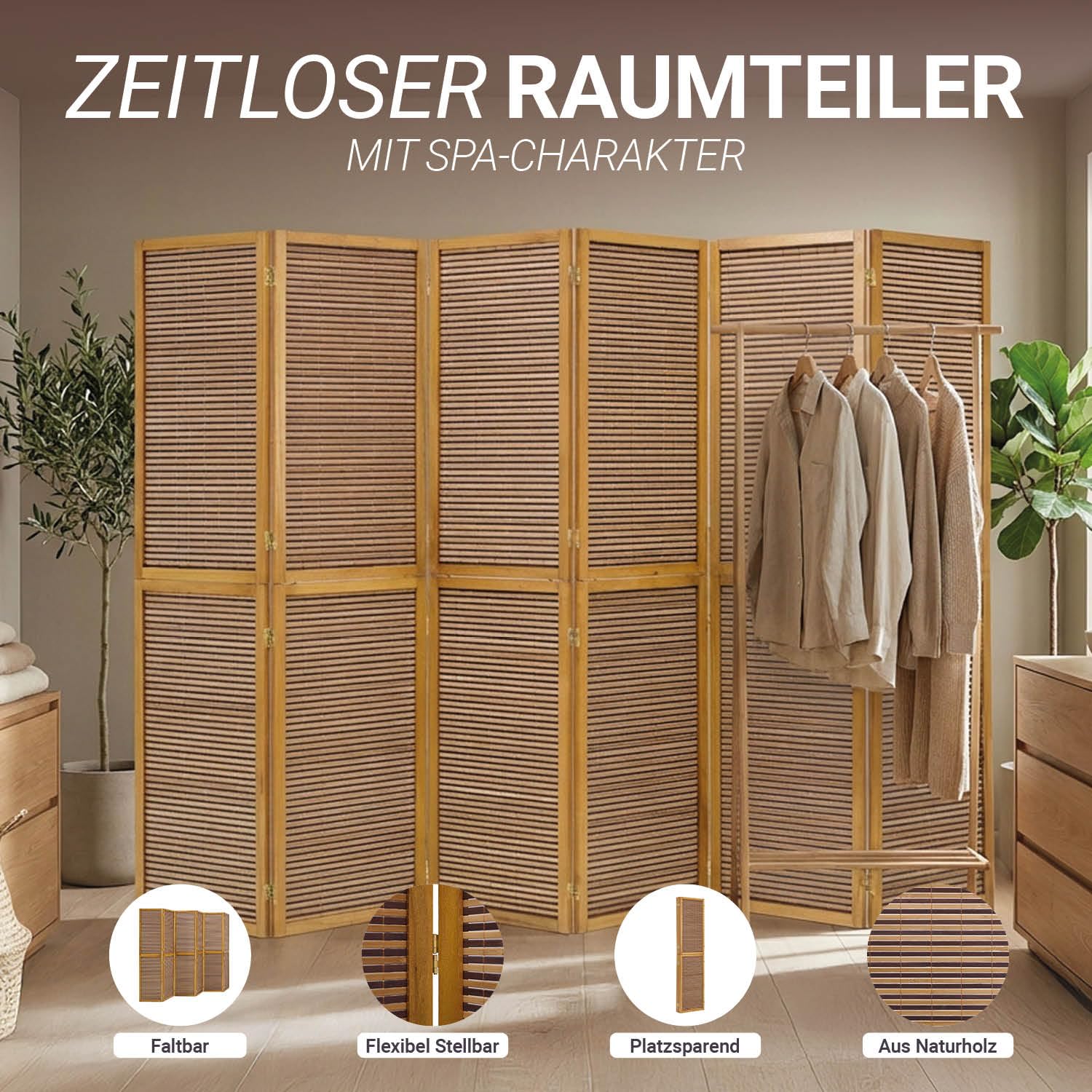 Homestyle4u Paravent Raumteiler 6 teilig Holz Braun Bambus Trennwand Sichtschutz faltbar