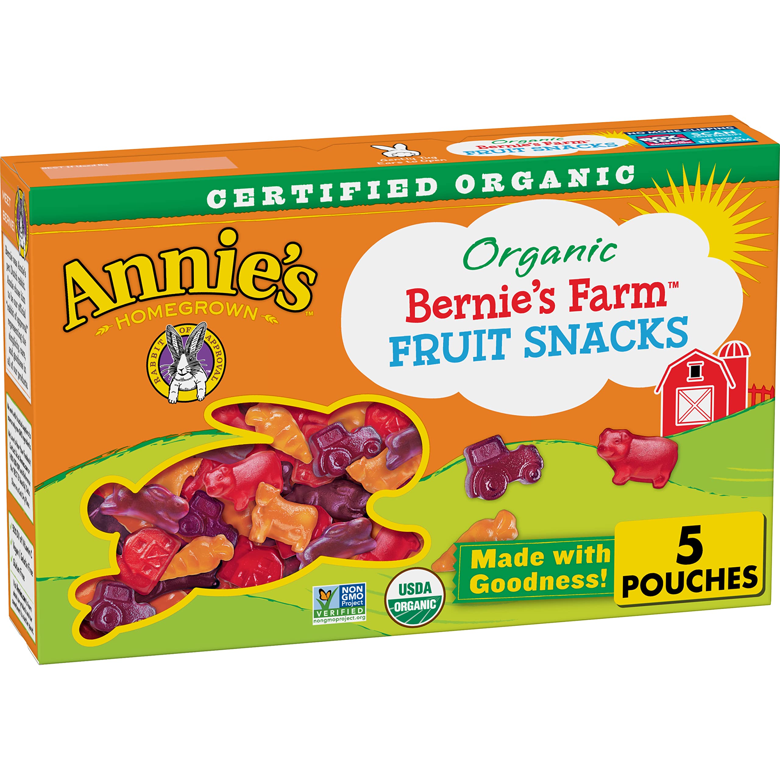 Annie's Organic Bernie's Farm Fruit Snacks, Gluten Free, 5 Pouches, 4 oz.
