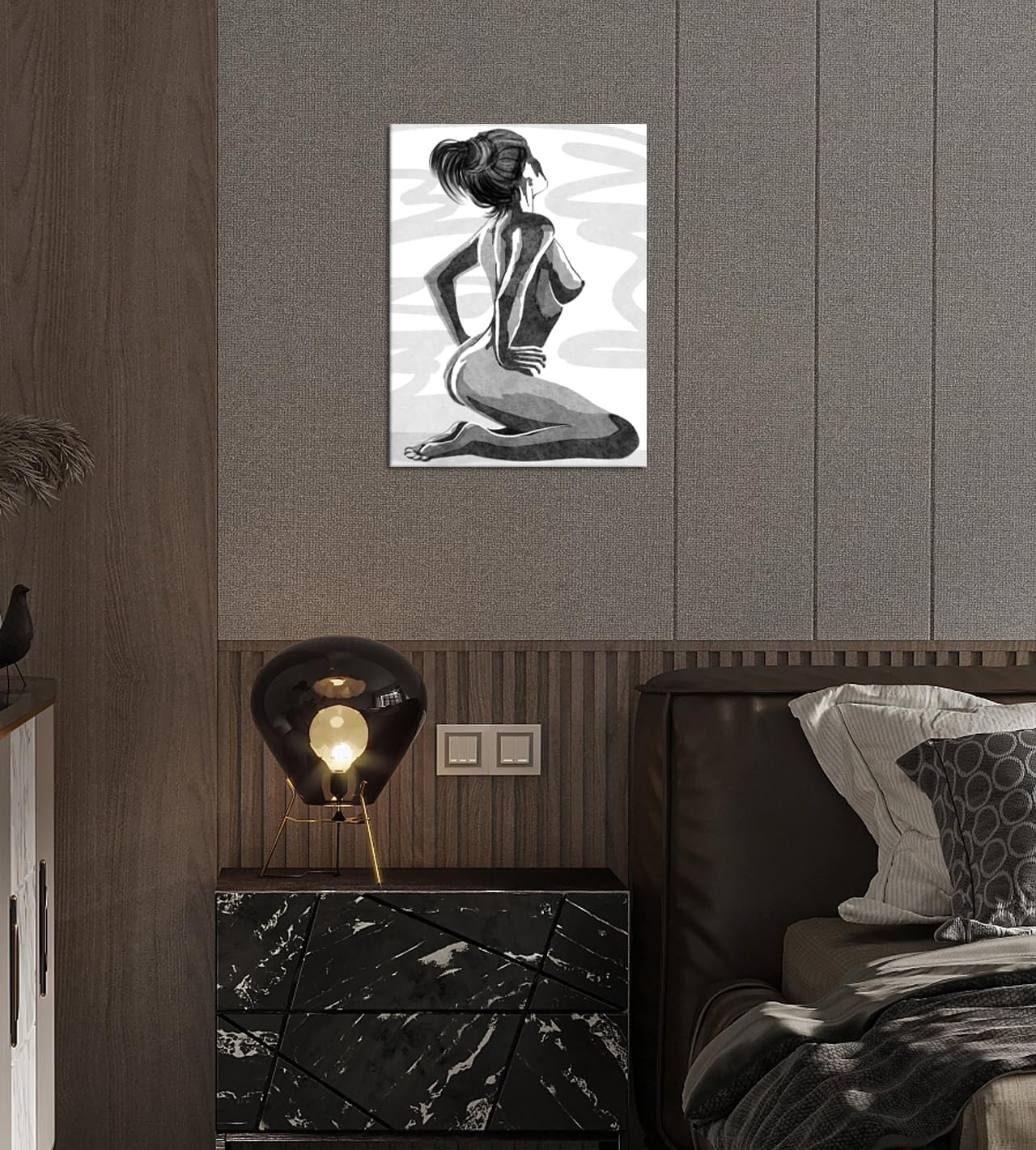 Black White Canvas Wall Art Nude Painting for Couples Abstract Sexy Woman Wall Decor for Home Apartment Hotel Bar Decor Ready to Hang - 12x16inch