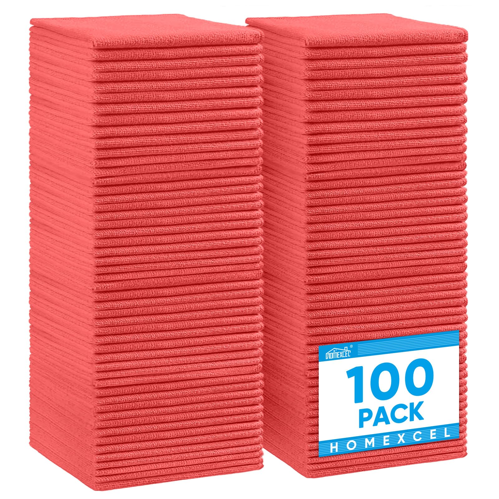 HOMEXCEL Red Microfiber Cleaning Cloth 100 Pack, Microfiber Towel for Cars, Lint Free, Scratch-Free, Highly Absorbent, and Cleaning Rags for House, Window and Glass, Cars, TV Screen 11.5 X11.5 inch