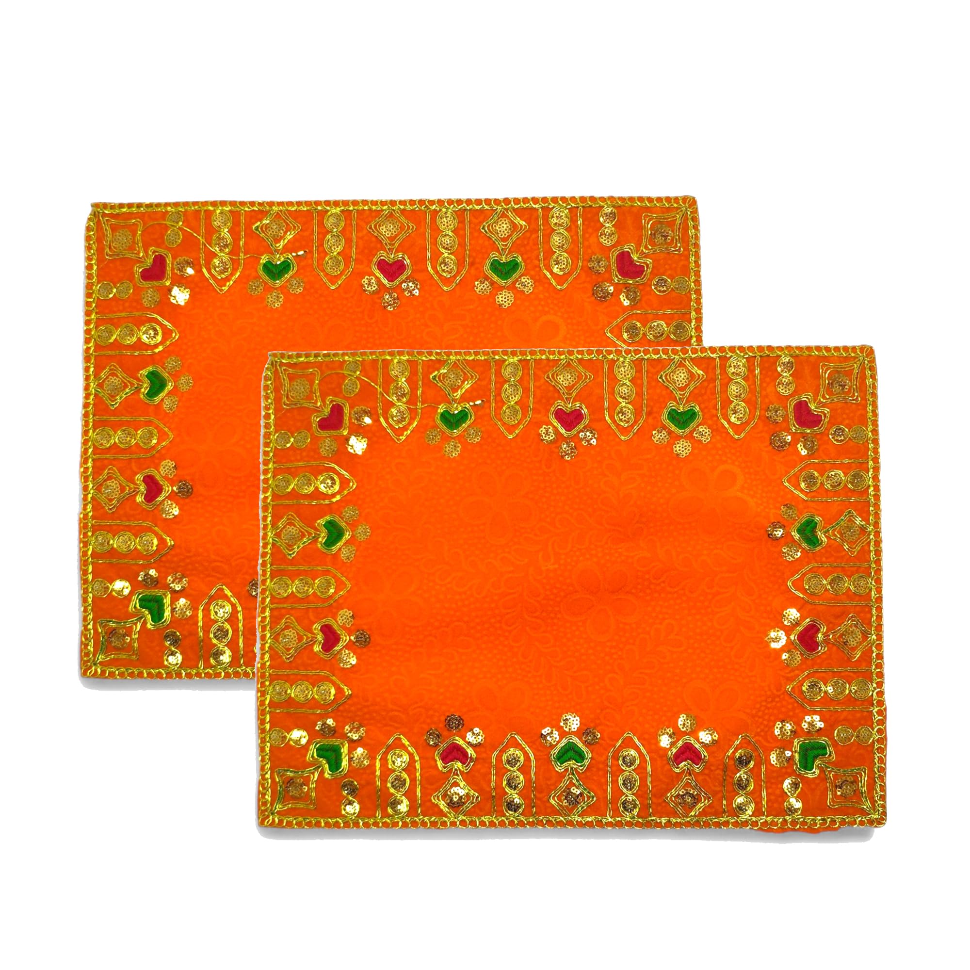 Achleshwar Designer Velvet Embroidered Pooja Aasan Cloth 16X40 inch Orange | Chowki Aasan for God Idol | Mandir Table Altar Cover for Temple, Puja Shelf, Diwali Decoration Pack 0f 2