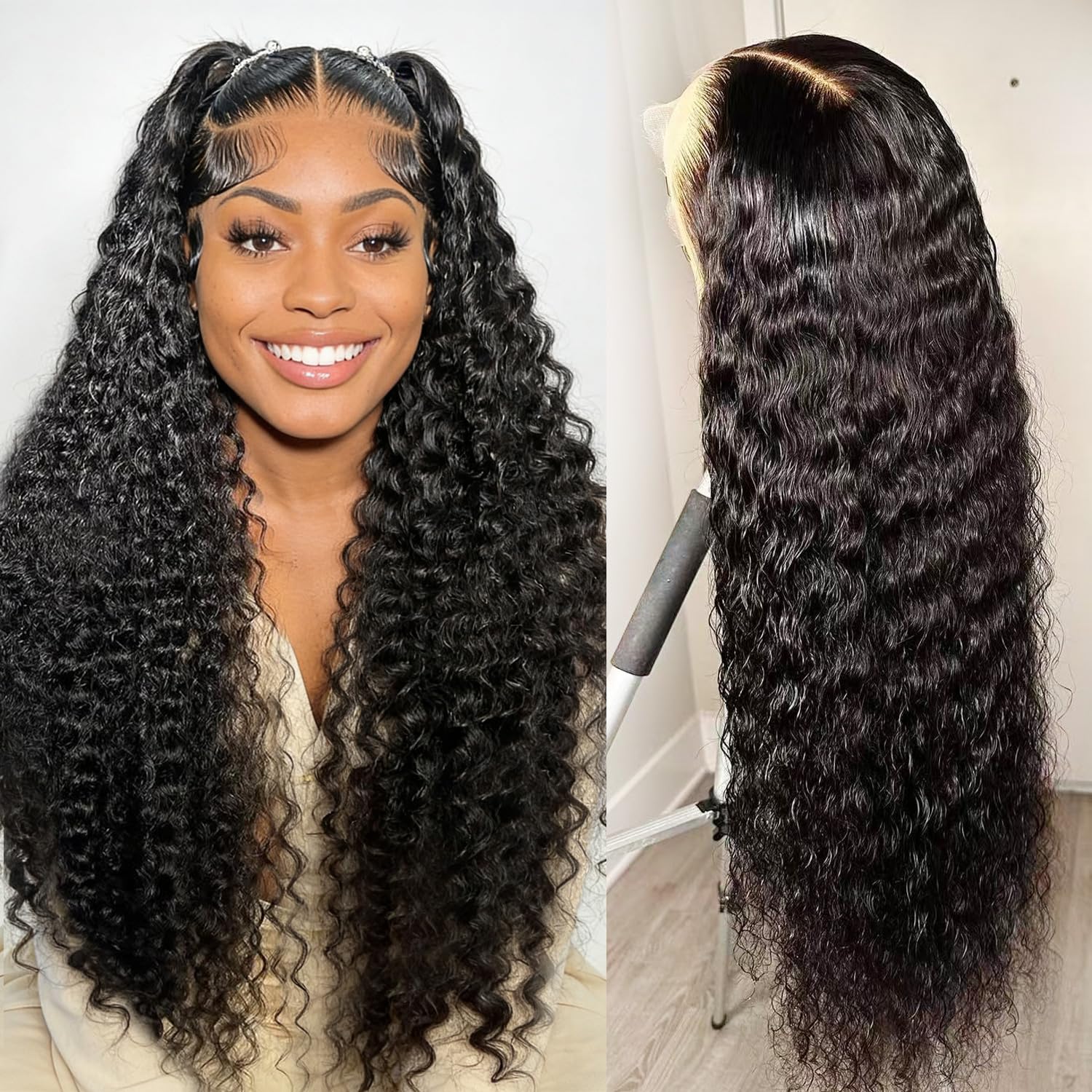 DSY Deep Wave Lace Front Wigs Human Hair 200 Density 13x6 HD Human Hair Lace Front Wigs Pre Plucked Glueless Deep Curly Lace Frontal Wig for Women Wet and Wavy Natural Color 22 Inch