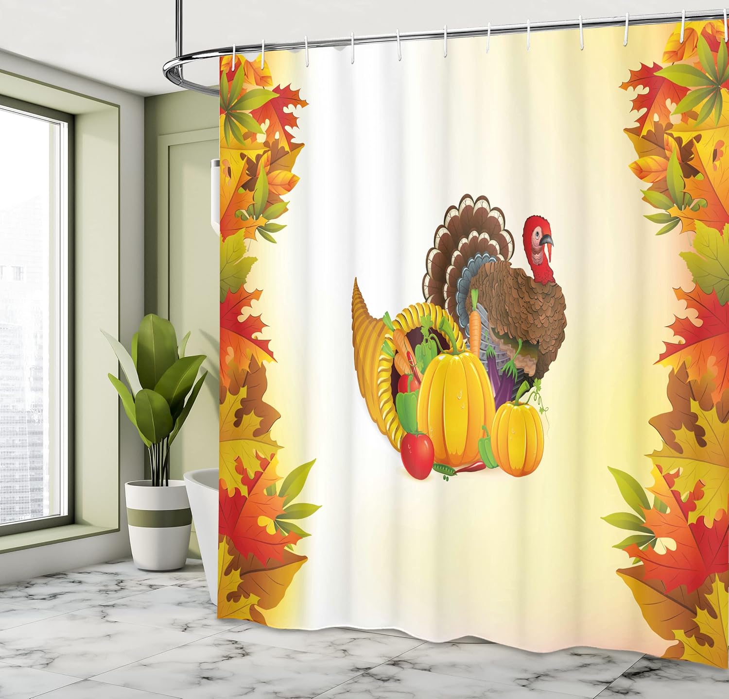 Ambesonne Turkey Shower Curtain, Cornucopia and Animal with a Beak Poultry Pattern Fall Season Fruits Autumn Leaves, Cloth Fabric Bathroom Decor Set with Hooks, 69" W x 75" L, Orange and Brown