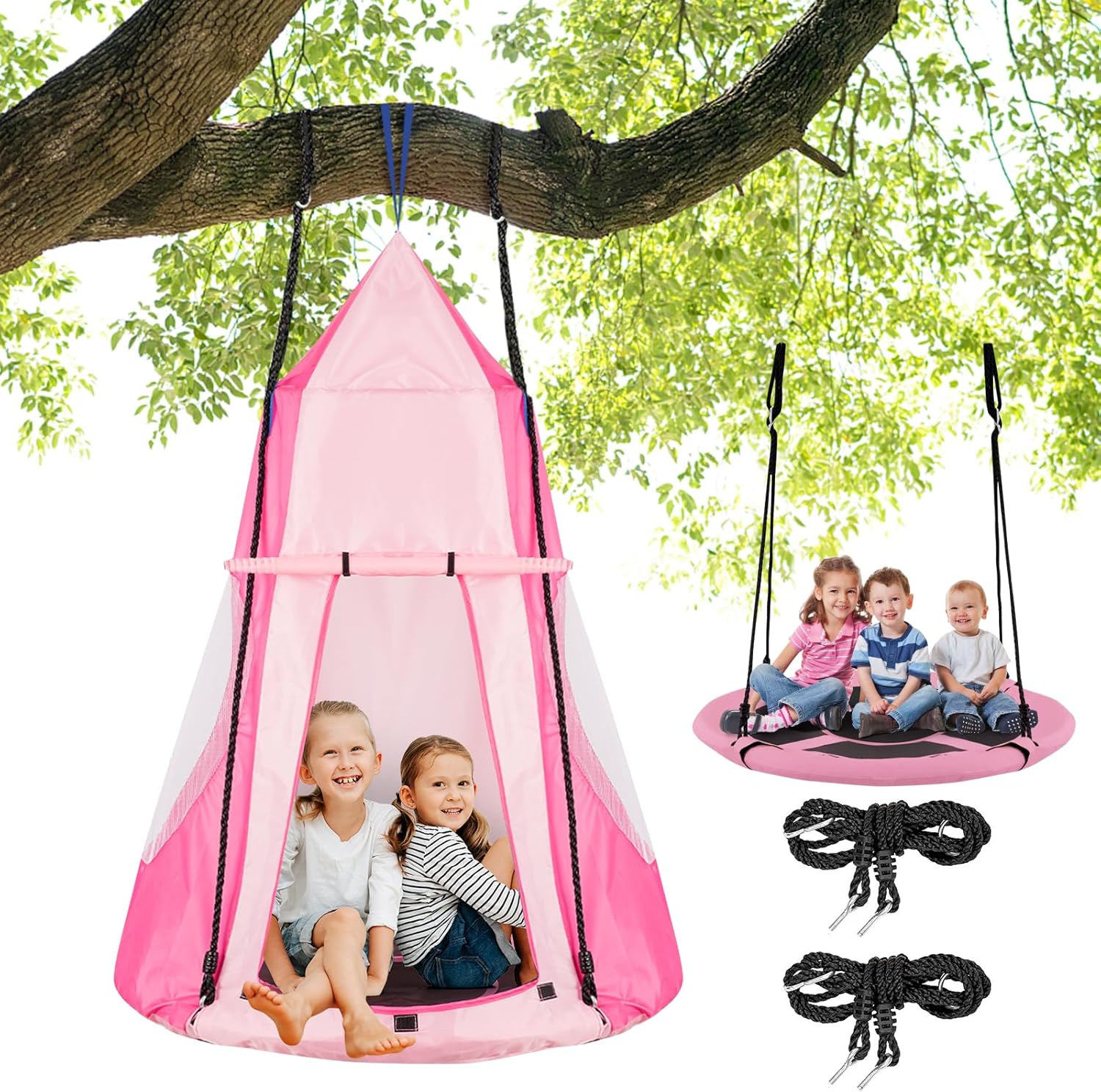 GLACER Hanging Tree Tent, 2-in-1 Hanging Chair w/Adjustable Hang Kit and Steel Frame, 360 Degree Rotating and Detachable Hammock Nest, 40" Tent Swing for Indoor Outdoor Patio Backyard, 330lbs (Pink)
