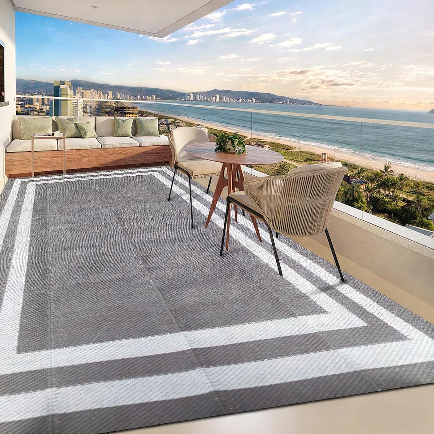 9'x 12' Outdoor Rug,Waterproof Reversible Patio Rugs,9x12 ft Plastic Straw Outdoor Carpet Foldable Plastic Camping Mat for Outside RV, Patio,Picnic,Camper,Balcony,Porch(Gray&White)