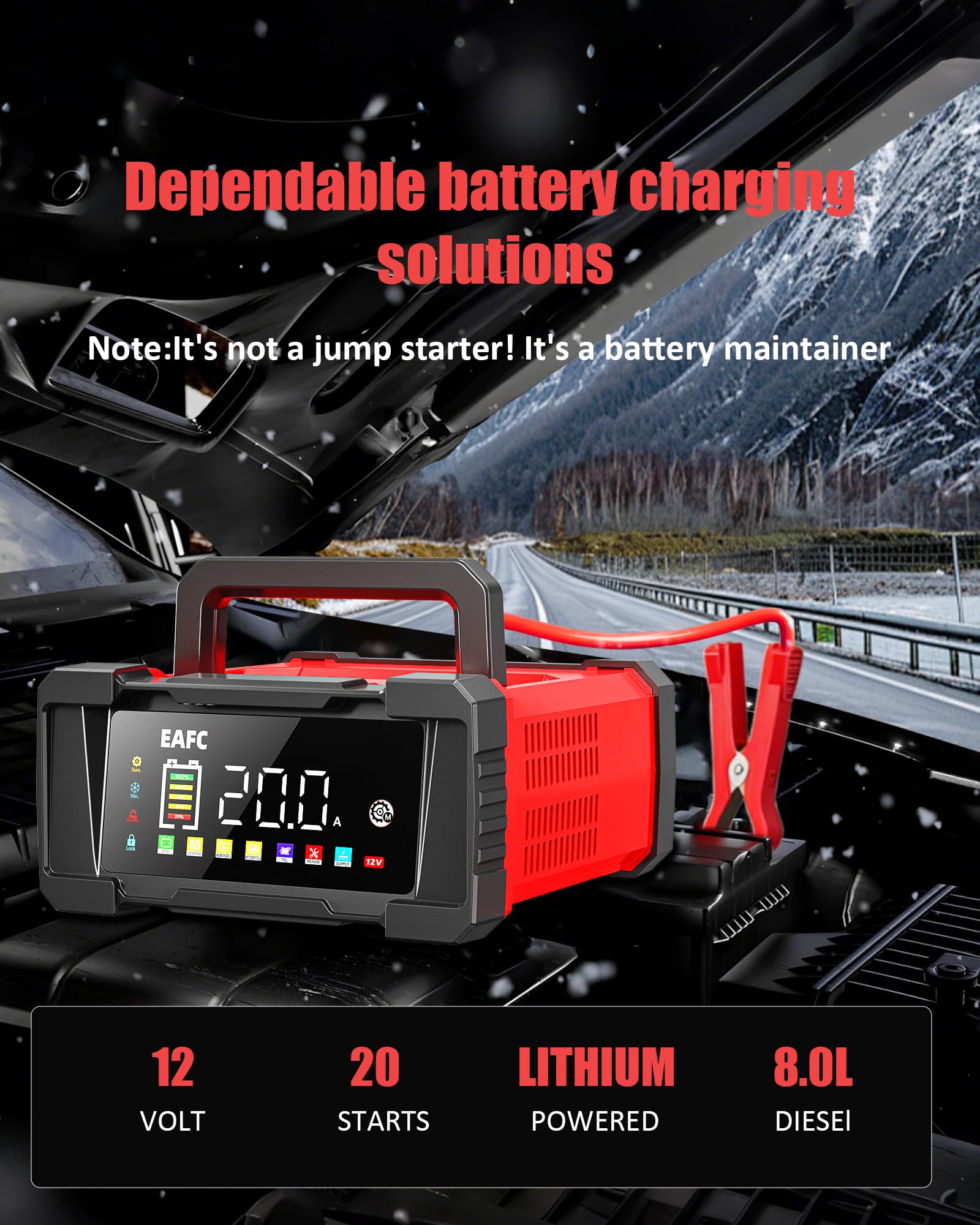 EAFC 20Amp 12V/24V Smart Car Battery Charger & Maintainer – Automatic Lead-Acid & LiFePO4 Battery Charger for Car, Motorcycle, Truck, Boat, Lawn Mower with LCD Display, Trickle Charge & Repair Mode — view 9