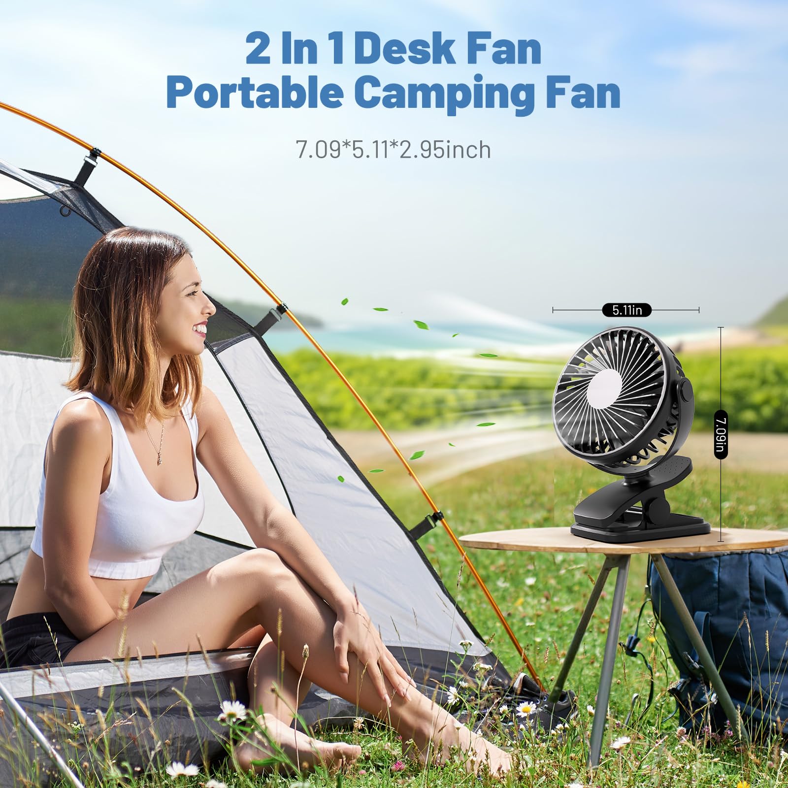 Ventilador portátil con clip alimentado por batería, ventilador portátil para viajes, mini ventilador de escritorio personal silencioso de 3 velocidades, rotación de 360° recargable para acampar 2