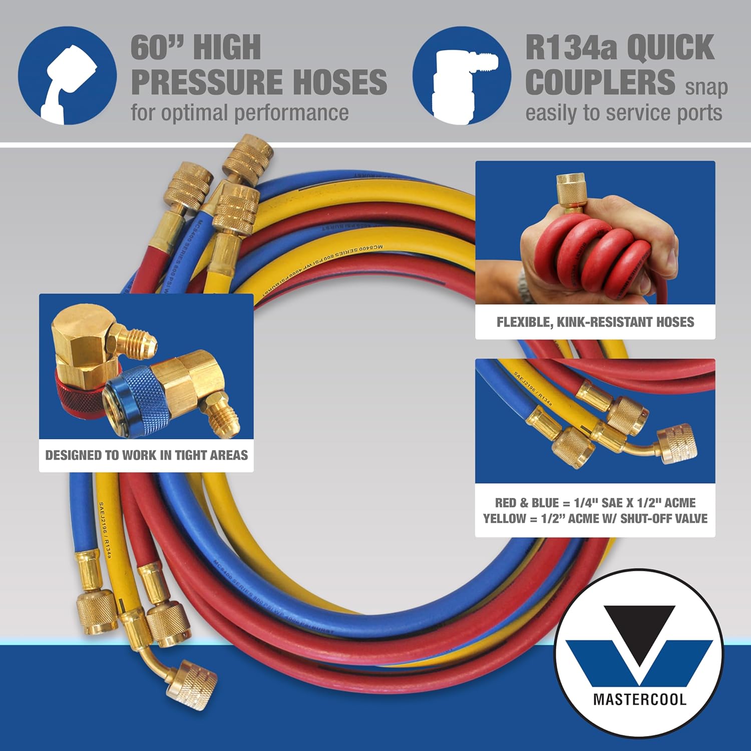 Mastercool 66661 2-Way Brass Manifold Gauge Set with 2 1/2" Silicone-Dampened Gauges, Economy Couplers, and 60" Hoses for R134a - U.S. Assembled & Tested