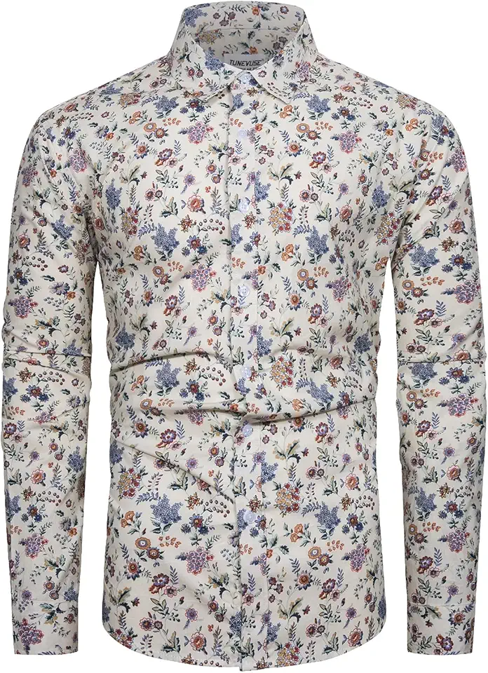 TUNEVUSE Mens Long Sleeve Floral Dress Shirt Flowered Pattern Print Button Down Shirts Cotton