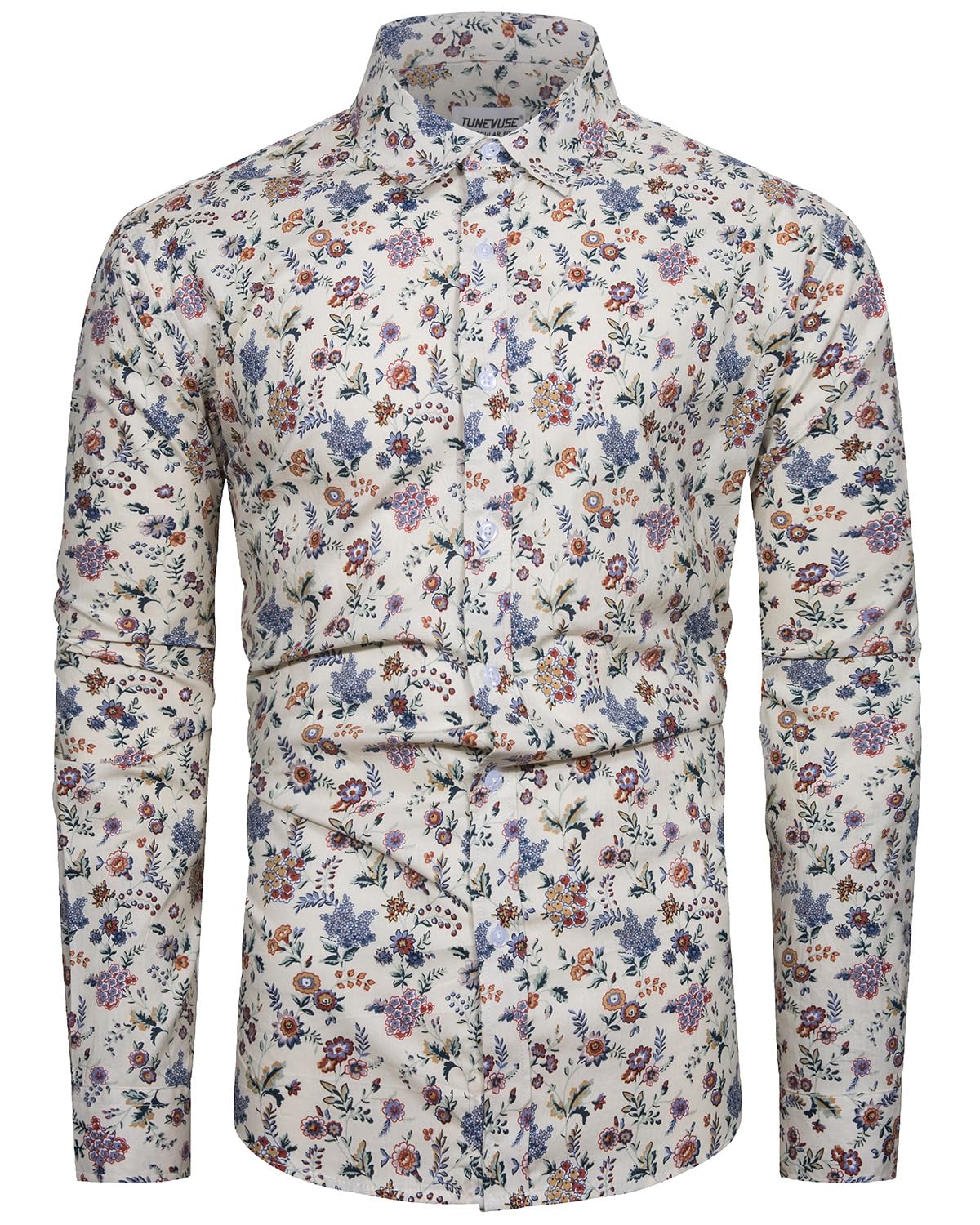 TUNEVUSE Mens Long Sleeve Floral Dress Shirt Flowered Pattern Print Button Down Shirts Cotton