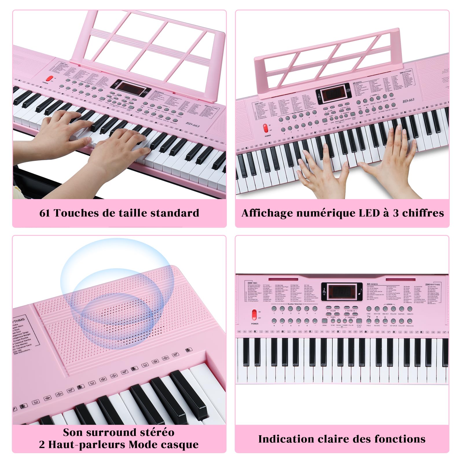 LEADZM Tastiera Piano 61 tasti, tastiera digitale con supporto per tastiera, panca per pianoforte, supporto per spartiti, cuffie, microfono, schermo LED, 3 modalità di apprendimento per principianti