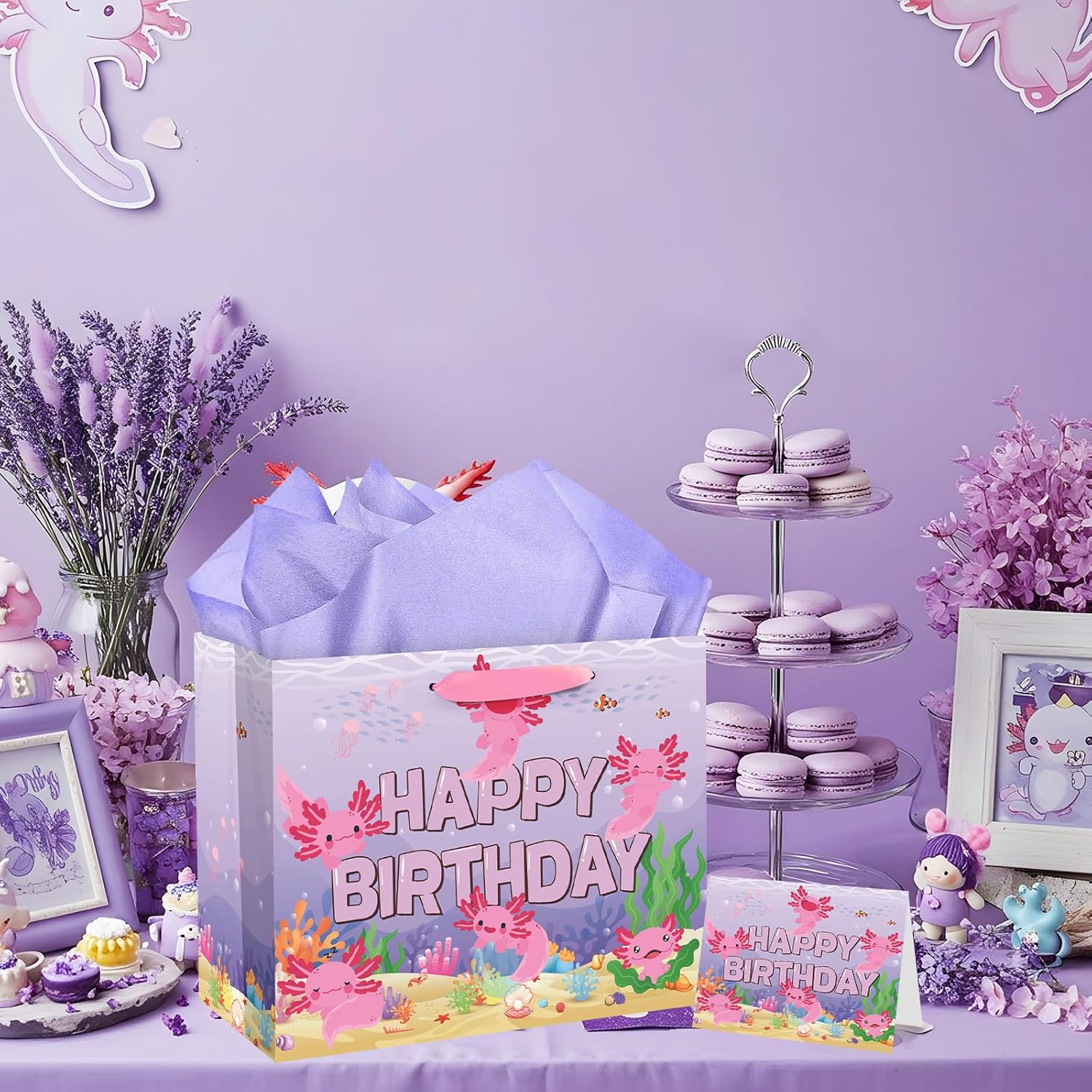 Axolotl Birthday Party Gift Bag Cartoon Purple Pink Birthday Gift Bag with Tissue Paper Card Axolotl Wrapping Paper Purple Axolotl Bday Decorations for Girls Kids Axolotl Bday Party Supplies