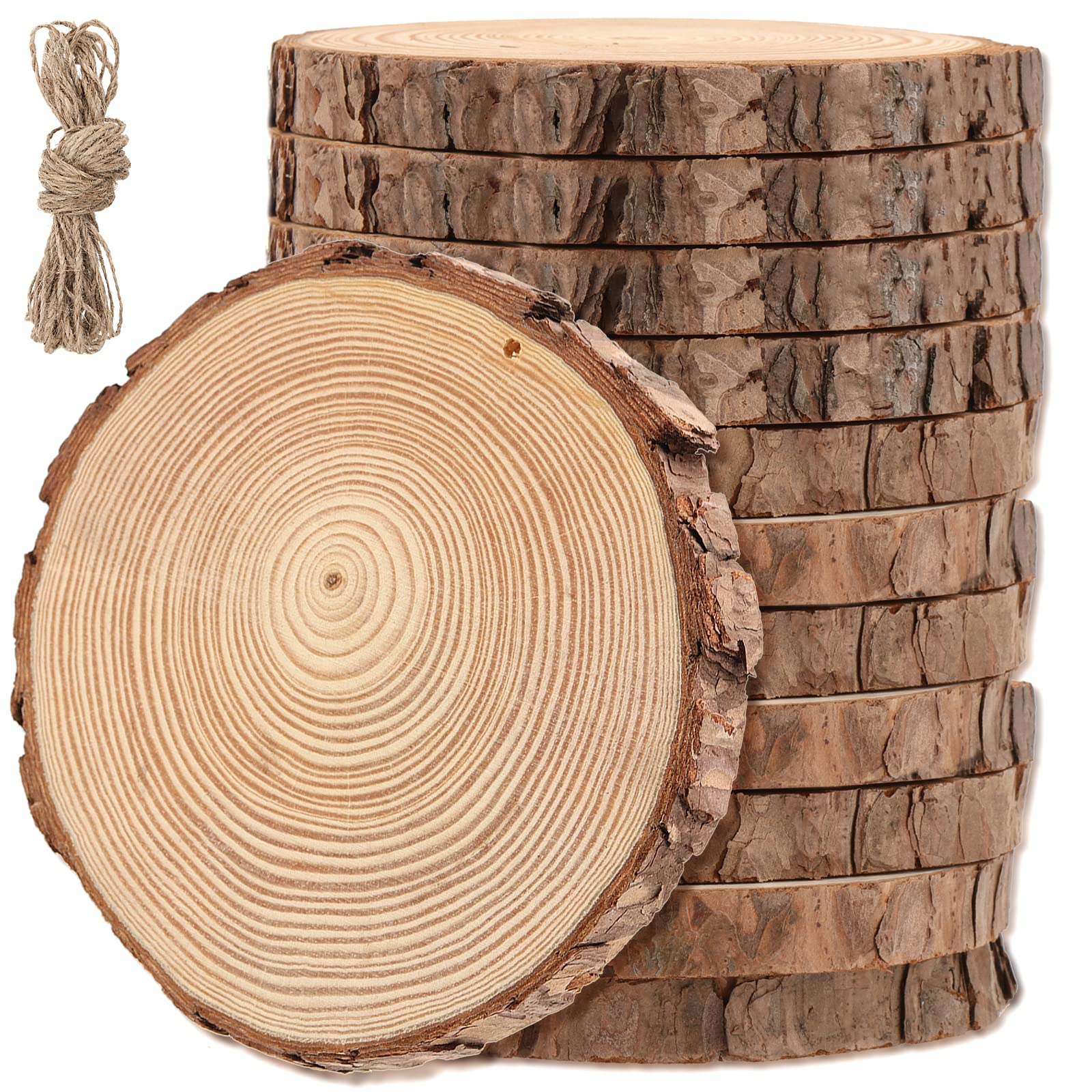 MANCHAP 12 PCS 13-14cm Drilled Hole Wood Log Slices, 1.5cm Unfinished Wooden Discs with Hanging String for Crafts Painting