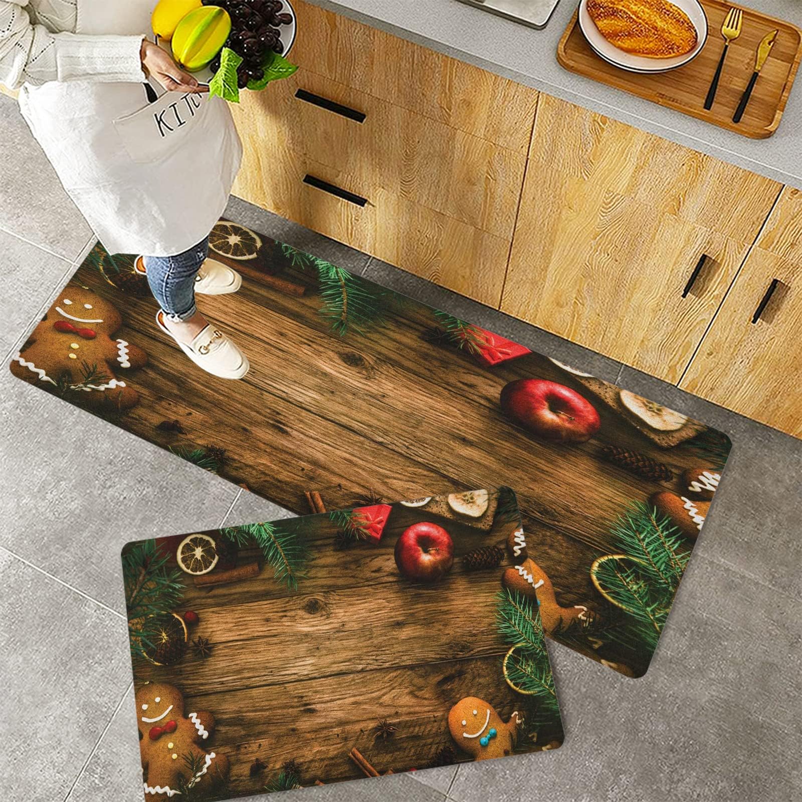 2 Piece Non-Slip Kitchen Mat,Christmas Gingerbread Man Gift Box Coniferous Pine Cinnamon Dessert on Rustic Wood Theme , Bro,Rubber Backing Doormat Kitchen Floor Mat Runner Rug Set 40x60 cm+40x120 cm
