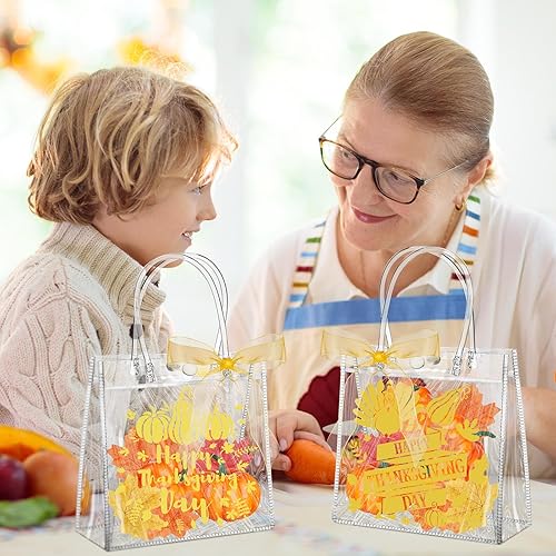 Miniatura 6 de Paterr 50 bolsas transparentes de regalo de otoño de Acción de Gracias con asas, bolsas de regalo de Acción de Gracias, calabaza, gnomo, pavo,