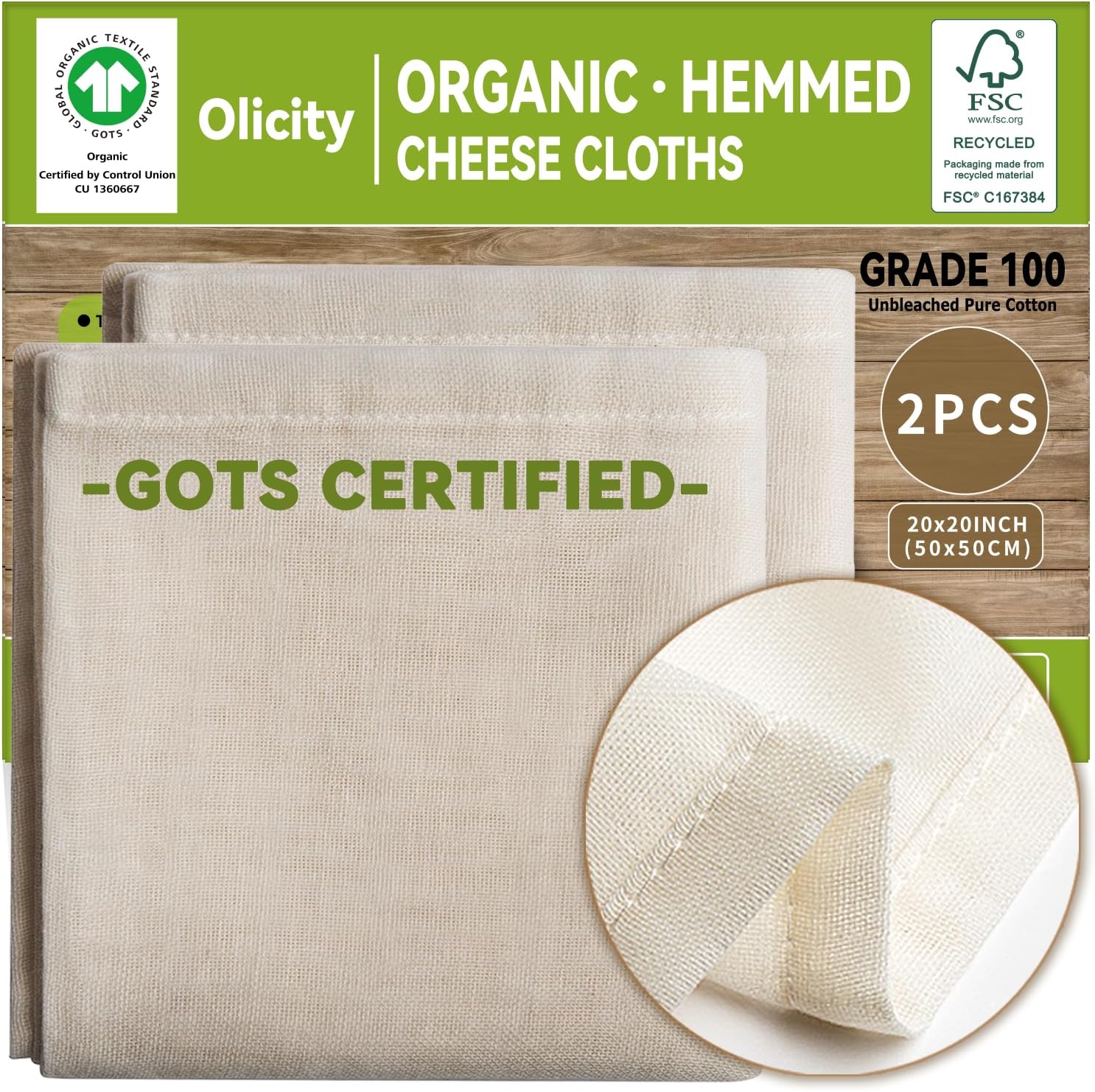 Organic Cheese Cloths, GOTS Certified, 2PCS, Grade 100, 20x20Inch Hemmed Cheese Cloth Reusable Muslin Cheesecloth for Straining, 100% Cotton Unbleached Fine Mesh Cloth Cheese Cloths for Cooking, Herbs Organic Cheese Cloths, GOTS Certified, 2PCS, Grade 100, 20x20Inch Hemmed Cheese Cloth Reusable Muslin Cheesecloth for Straining, 100% Cotton Unbleached Fine Mesh Cloth Cheese Cloths for Cooking, Herbs