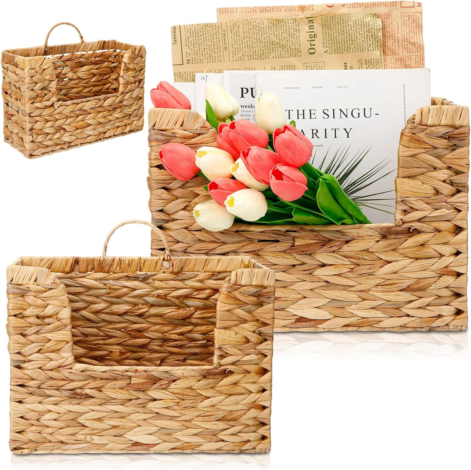 2 Pcs 14" and 12" Woven Hanging Basket for Wall, Large Hanging Wall Basket, Water Hyacinth Storage Baskets with Handles File Organizer Magazine Holder for Home, Office, Farmhouse