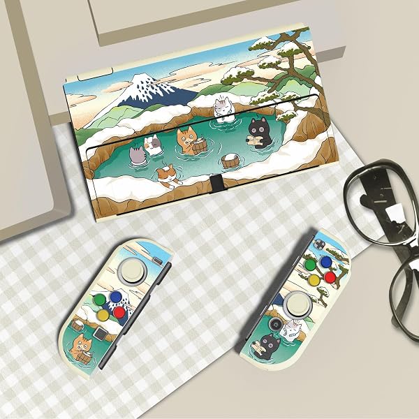 playvital ZealProtect Soft Protective Case for Nintendo Switch OLED, Flexible Protector Joycon Grip Cover for Switch OLED with Thumb Grip Caps & ABXY Direction Button Caps - Hot Spring Kitties - 4
