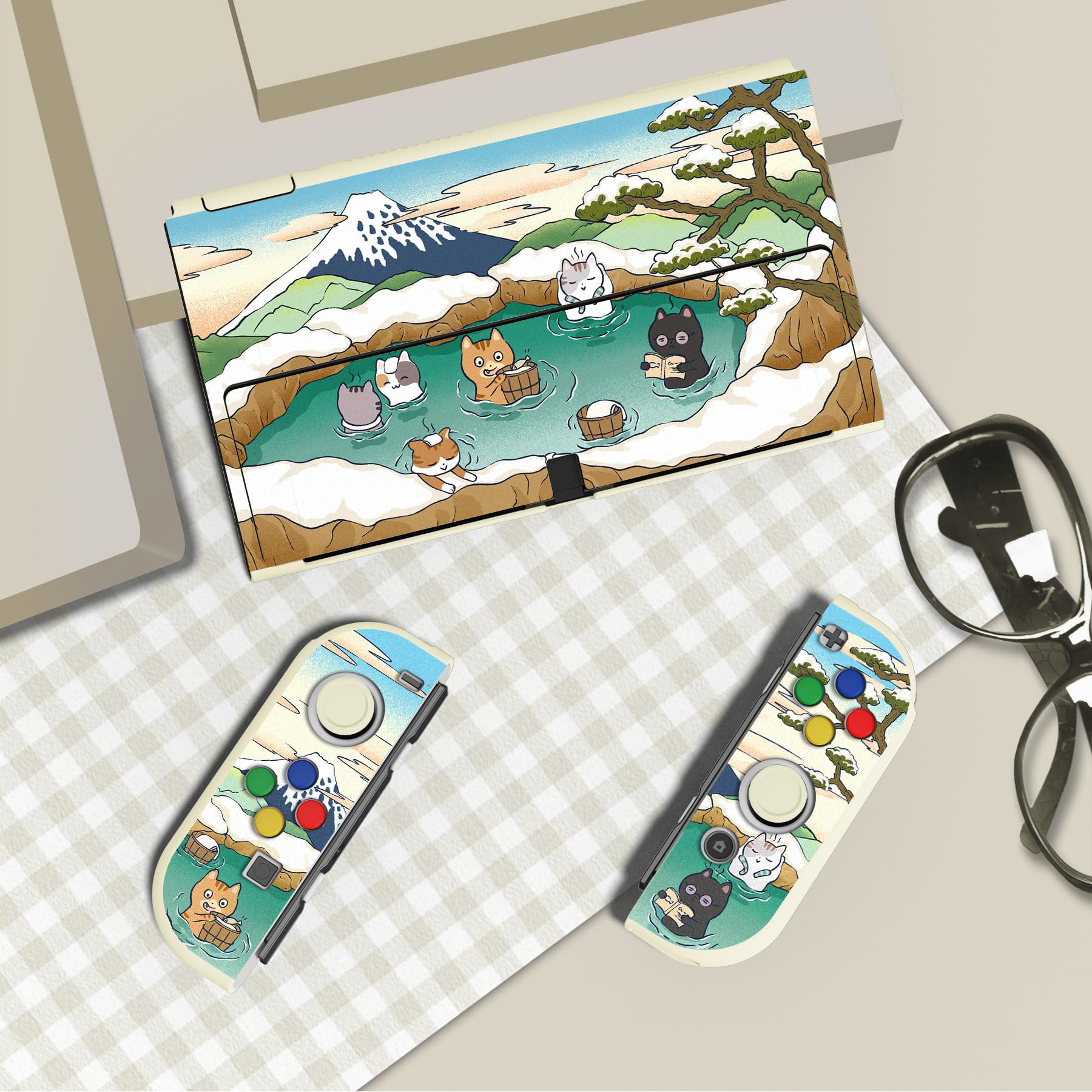 playvital ZealProtect Soft Protective Case for Nintendo Switch OLED, Flexible Protector Joycon Grip Cover for Switch OLED with Thumb Grip Caps & ABXY Direction Button Caps - Hot Spring Kitties — view 4